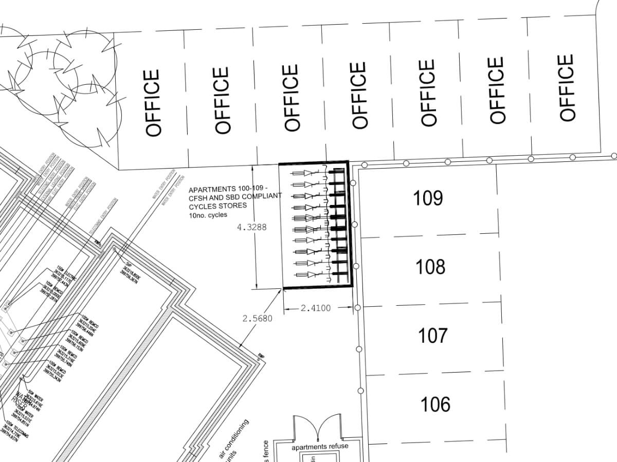 Layout drawing of Secured by Design (SBD) and Code for Sustainable Homes Compliant 10 bike cycle shelter