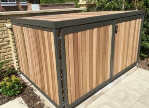 Secure Cycle Store's bespoke low level timber clad bike shelter installed for residential use in Scholar's Green, Cheshire.