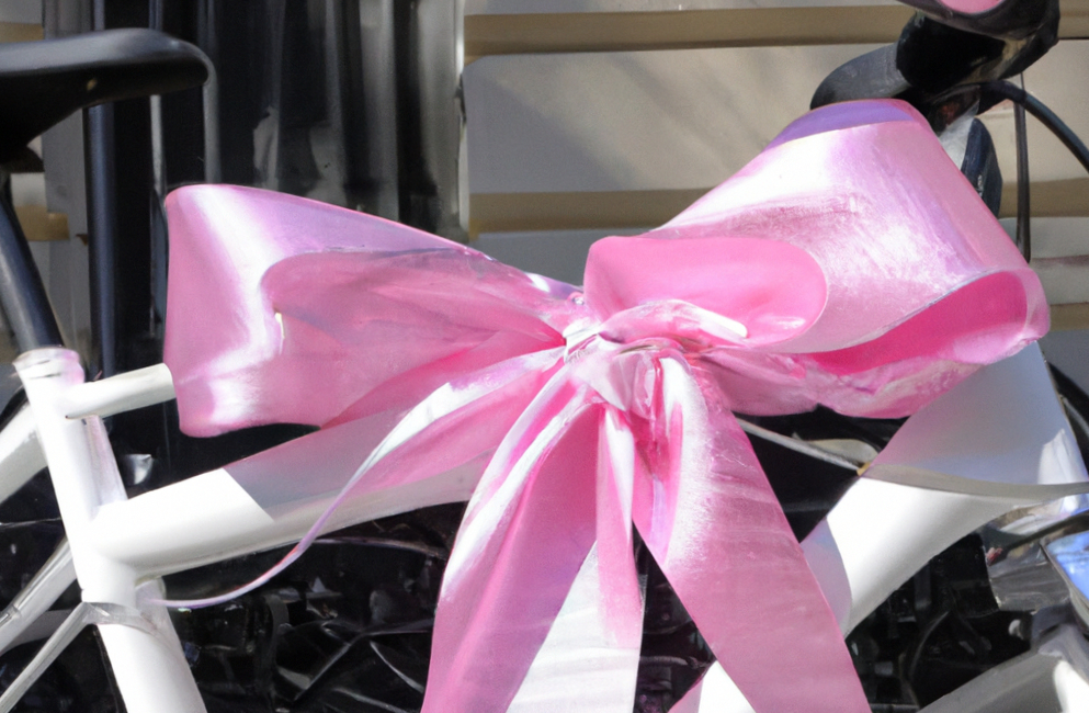 close-up of a brand new bike with pink bow attached.