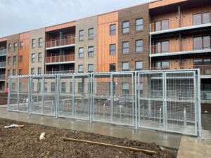 One of seven Merton Mesh Bike Shelters, housing semi-vertical bike racks for Butterbiggins Road, Glasgow.