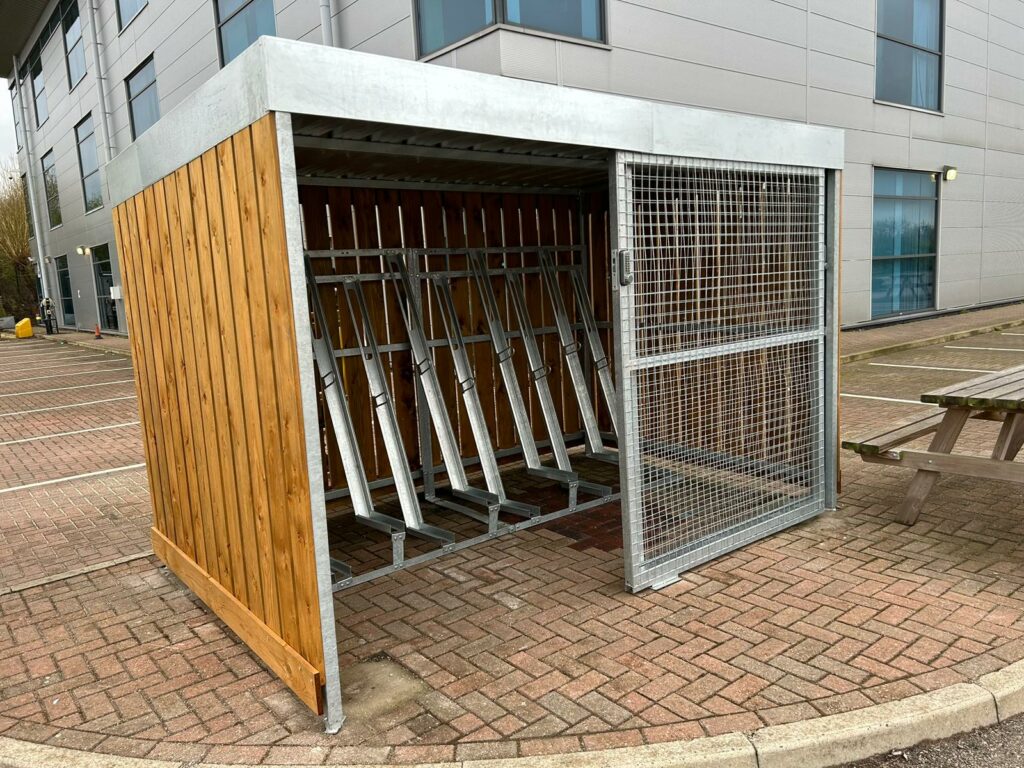 Trinity Timber - Wooden Clad Bike Shelter with Semi-vertical bike rack