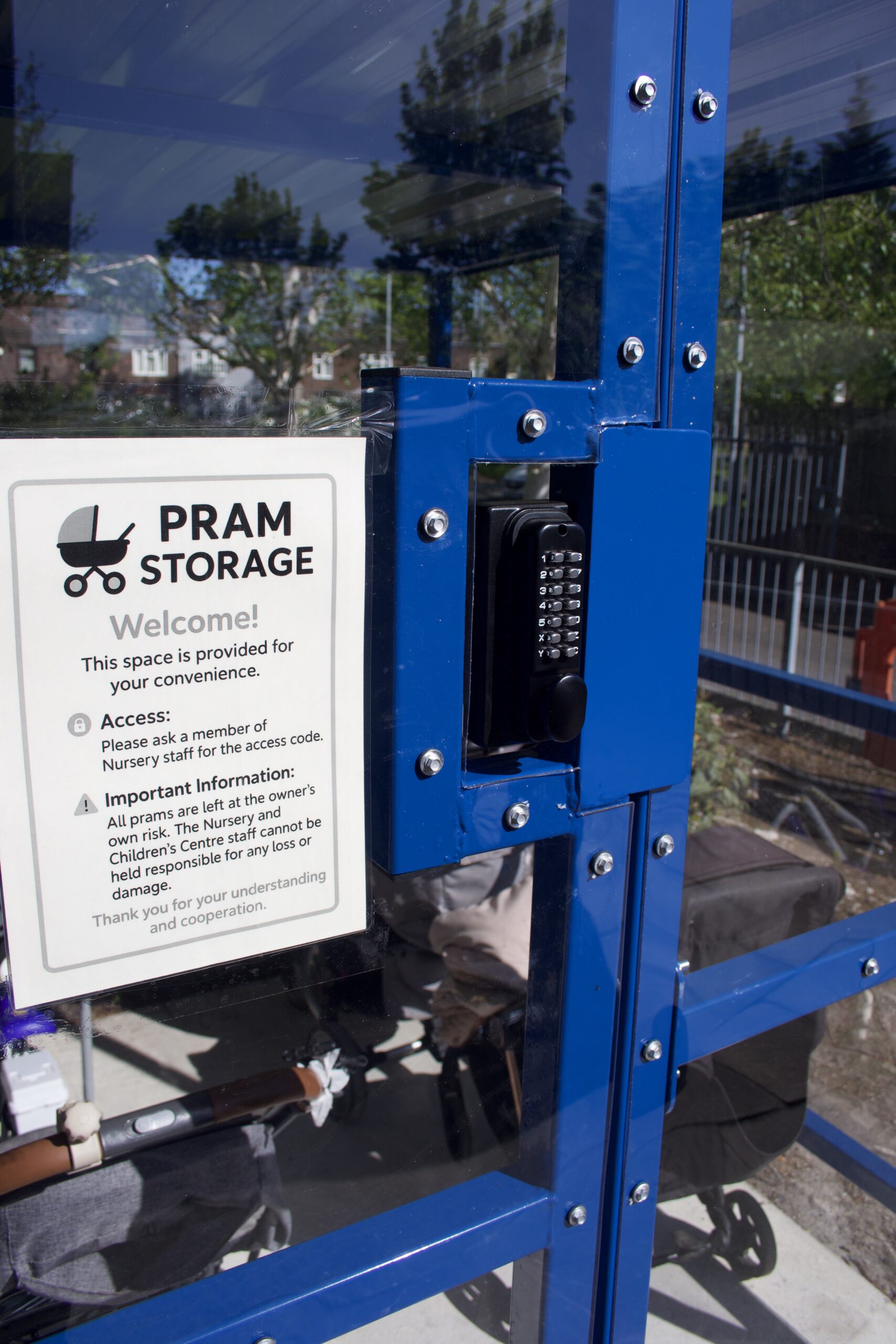Digital combination lock for added security and pram storage safety for users of the shelter