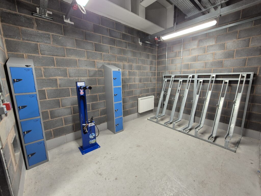 combined secure cycle parking, semi-vertical bike racks, solar lighting,