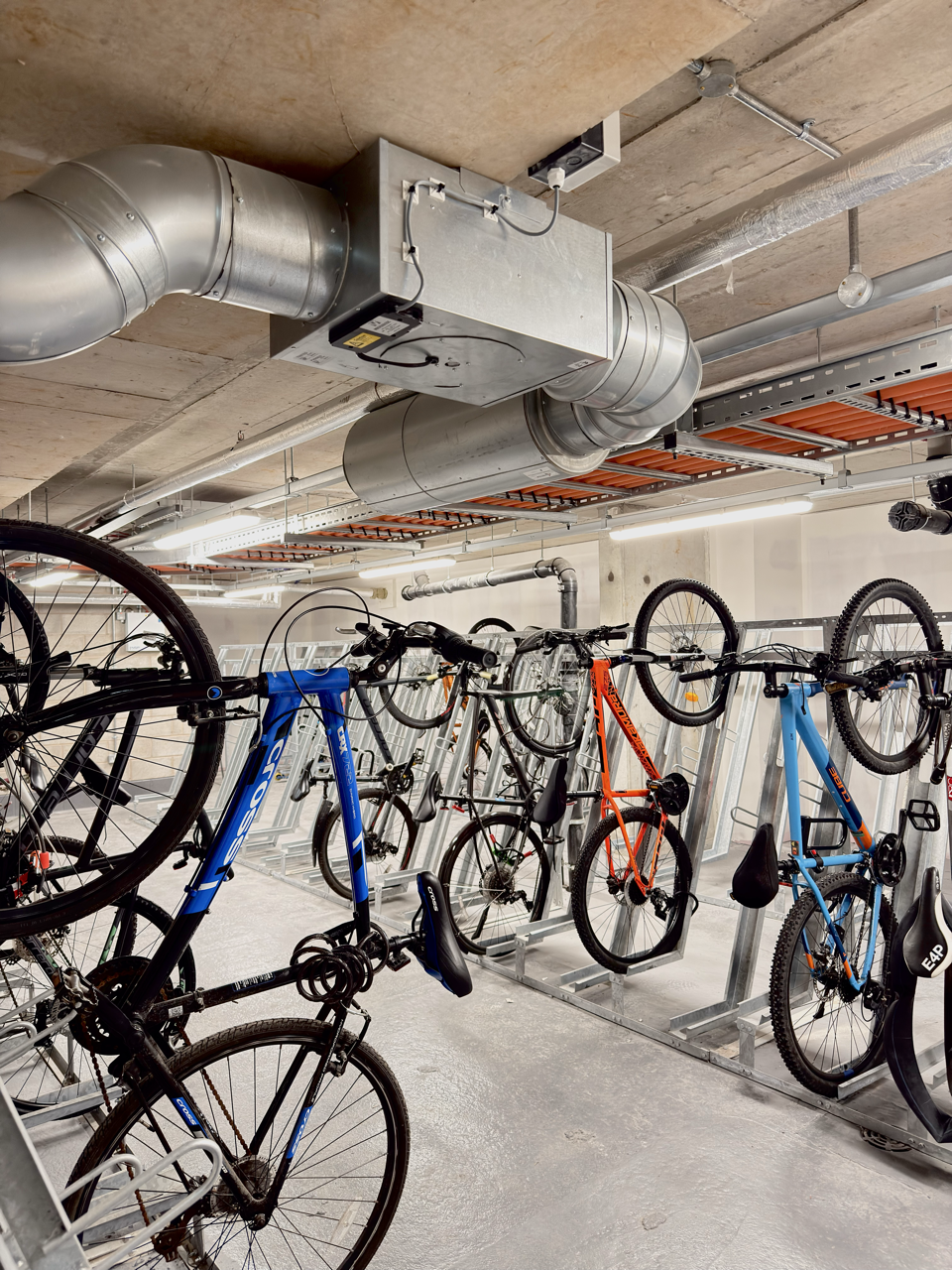 Featuring our durable Semi-Vertical Bike Racks designed with a 3 point-locking system for enhanced bicycle security. 