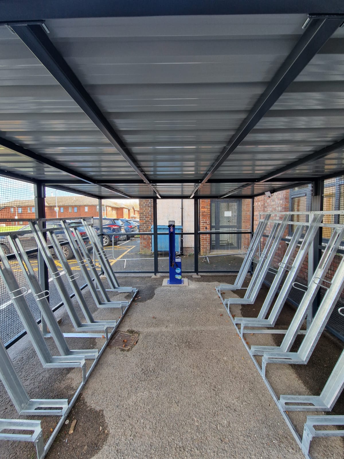 Mesh-Clad Cycle Store fitted with Semi-Vertical Cycle Racks, 